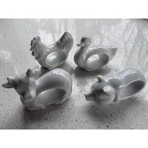 Vintage Set Of 4 White Glazed Porcelain Farm Animal Napkin Rings Made in Japan